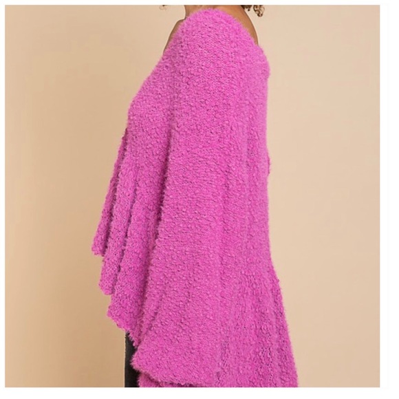 Hot Pink Magenta Peplum Top Long Balloon Sleeves Popcorn Sweater - Picture 6 of 9